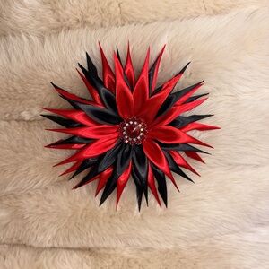 Red and Black Satin Flower Brooch